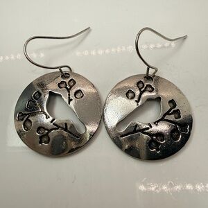 Silver Tone Bird on Branch Nature Cutout Dangle Earrings